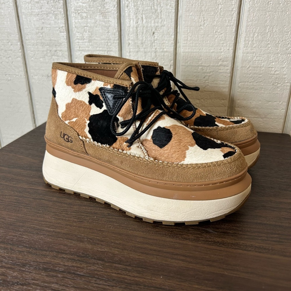UGG Ankle Boots with Cow Print and Black Laces